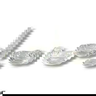 5 Piece Steuben Crystal Tablewares: 5 Piece Steuben Crystal Tablewares. Includes: pair snail handle bowls 3" H, ashtray 7" W, bud vase 8", miniature bowl/butter pat 3-1/4". All pieces with etched mark and in good condition consistent wi