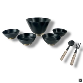 7 Pc. Mid Century Mahogany & Silver Salad Set