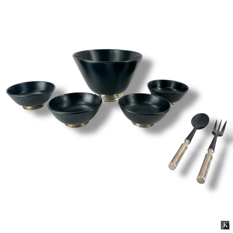 7 Pc. Mid Century Mahogany & Silver Salad Set (1 of 4)