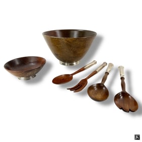 6 Pcs Mid Century Mahogany & Sterling Salad Set