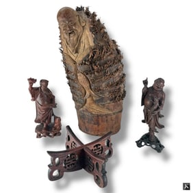 3 Chinese Carved Bamboo Root, Hardwood Figures