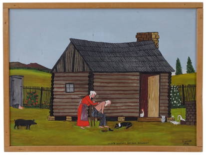 Essie Ward Oil on Masonite Folk Art Genre Painting: Essie Treat Ward (American 1902-1981) Folk Art Oil on Masonite "Thar's Another Dog Tick Hezzakiah". Signed and dated 1975 lower right. Good condition, measures 18-1/4" x 24" including frame. Ward's wo