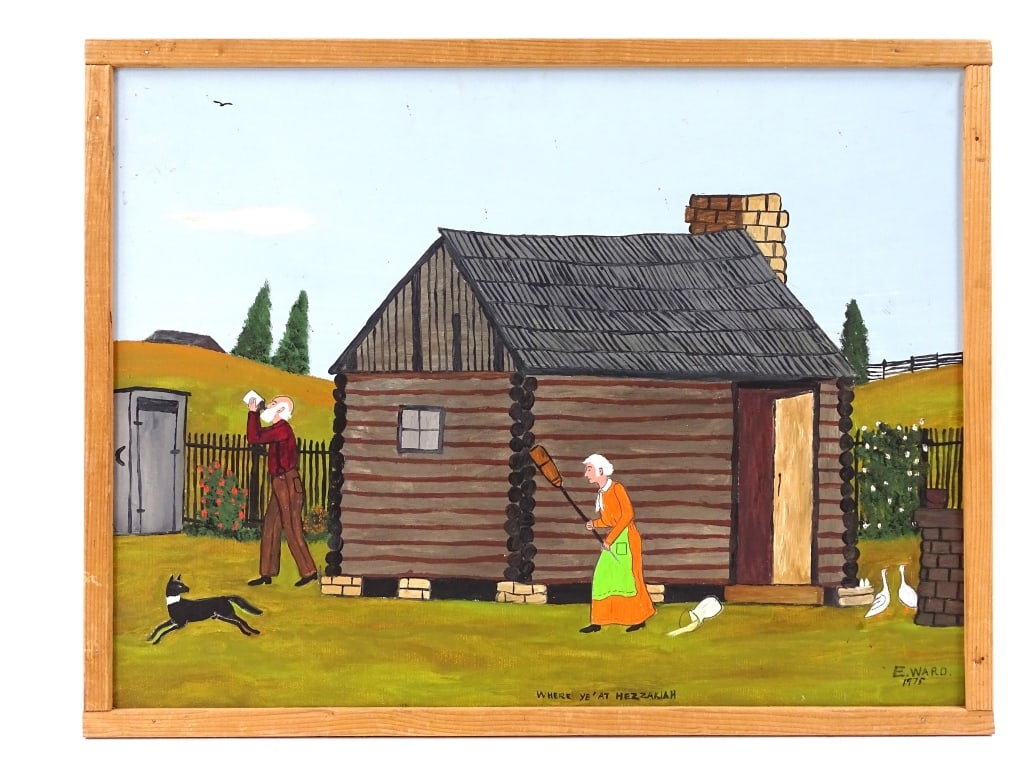 Essie Ward Oil on Masonite Folk Art Genre Painting: Essie Treat Ward (American 1902-1981) Folk Art Oil on Masonite "Where Ye' At Hezzakiah". Signed and dated 1975 lower right. Good condition, measures 18-1/4" x 24" including frame. Ward's works often d