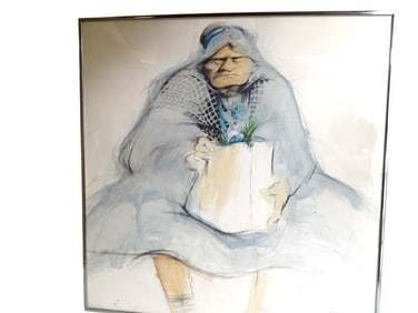 Watercolor "Old Woman with Bag" Signed Doyle '75