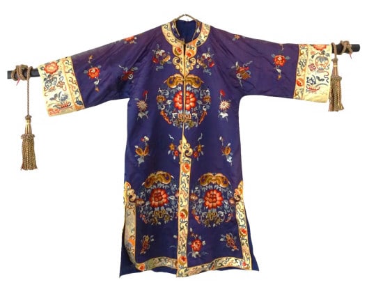 Antique Chinese Embroidered Silk Robe: Antique Chinese Embroidered Silk Robe. Good condition. Faded, from sun exposure, some small insect holes consistent with age. Measures 40" L.