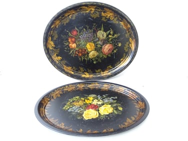 2 Antique Victorian Toleware Oval Trays