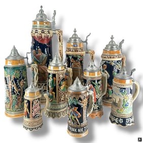 Collection of 9 German Pewter Lidded Steins