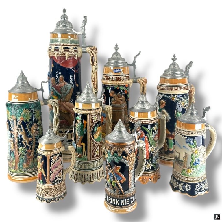 Collection of 9 German Pewter Lidded Steins (1 of 4)