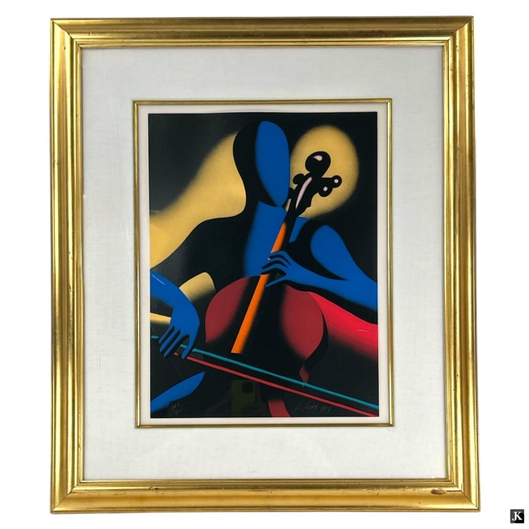 Mark Kostabi Serigraph "The Cellist" 1997: Mark Kostabi, American (b. 1960) Serigraph "The Cellist". Signed, dated1997 and numbered 162/300. Framed and presented under plexi-glass screen. Good condition. Measures 19-3/4" x 14-3/4", frame measu