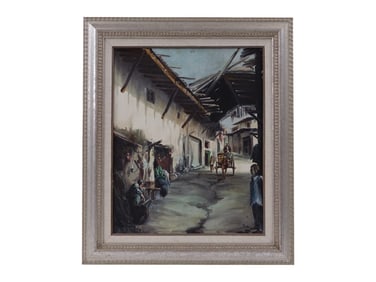 Modern Oil on Canvas "Genre Village Scene", Signed