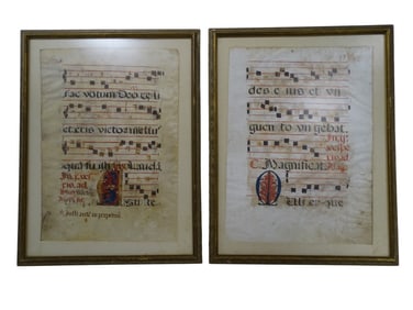 Pair of Antique Hand Painted Latin Hymns on Vellum