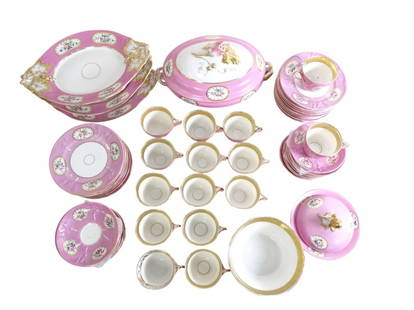 Group of Sevres Style Porcelain Dinnerware: 19th C Sevres Style Partial Dinnerware Group. 54 pieces. Pink & White, gold trim, floral decoration. Includes: 16 plates 7-1/8" 16 cups 2-3/4" 16 saucers 5-1/2" Covered Tureen Serving bowl Small cover