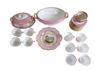 19 C Pink, White, Gold Porcelain Dinnerware Group