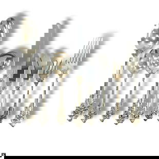Wallace "Grand Baroque" Sterling Silver Flatware: 163 Pieces Wallace "Grand Baroque" Sterling Silver Flatware. Set includes: Solid Sterling: 20 Forks 7-1/2" 22 Salad/desert Forks 6-1/2" 43 Teaspoons 6-1/8" 20 Soup Spoons 6-1/8" 12 Iced Tea Spoons 7-5