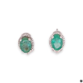 14K Emerald And Diamond Drop Oval Earrings