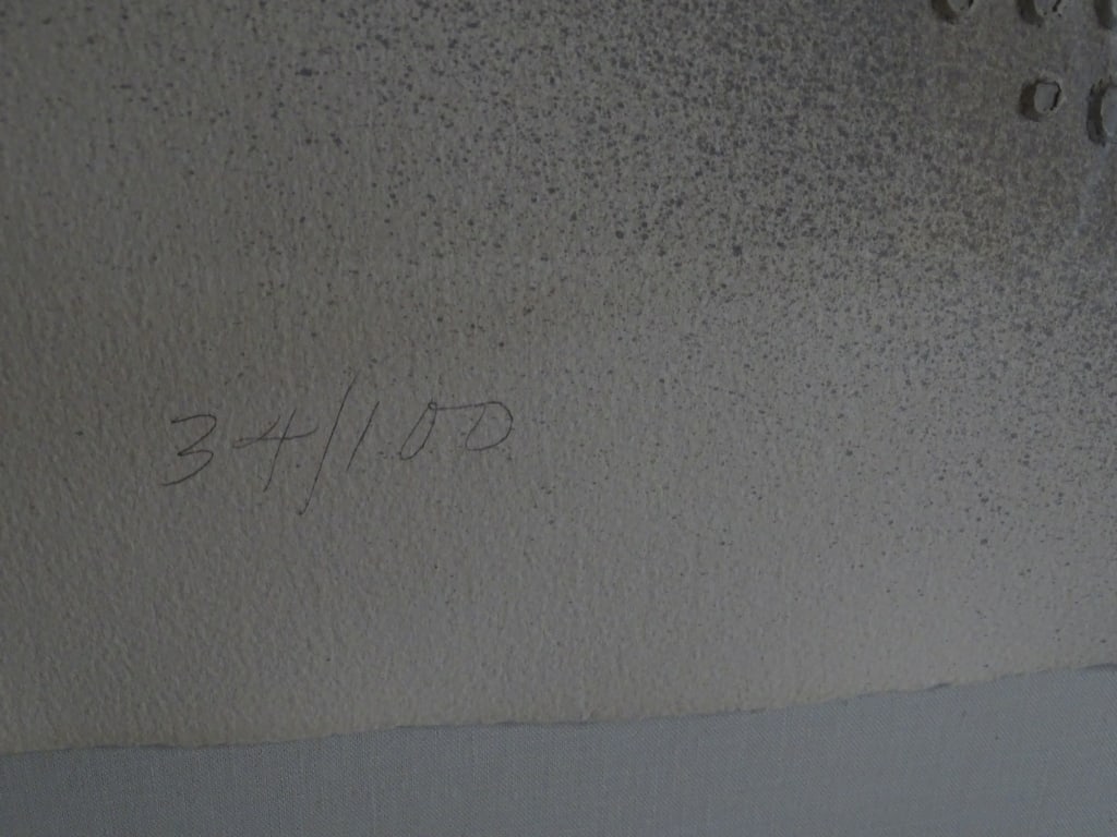 Paul Maxwell Geometric oval-shaped stencil casting: Paul E Maxwell, American (1925-2015) Geometric oval-shaped stencil casting. "Composition 696". Signed and numbered 34/100 in pencil. Well framed and presented under plexi-glass screen. Good condition.
