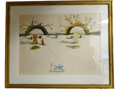 Salvador Dali Lithograph "Patient Lovers": (1904-1989) Lithograph. "Patient Lovers" Signed lower right in pencil and signed and dated 1970 in print. With blind stamp. Approx: 32" x 39" total, 22" x 30" sight.