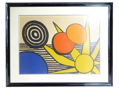 Alexander Calder Color Lithograph Sun with Planets: Alexander Calder Color Lithograph "Sun with Planets". Signed and numbered AP in pencil. Framed and under non glare glass screen. Good condition. Measures 19-1/2" x 26-1/2" (sight), frame measures 27-1