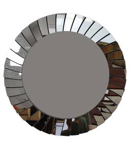 Contemporary Round Faceted Mirror: Contemporary circular mirror with faceted glass frame. Measures 42" diameter Good condition. Keywords: contemporary mirror, faceted glass, round wall mirror, modern decor, decorative mirror, interior