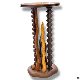 Carved and Inlaid Wood Plant Stand Table