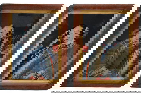 **Pair of Vintage Chinese Reverse Glass Paintings: A pair of vintage Chinese reverse oil paintings on glass, each depicting an affluent twin sister in traditional attire. No apparent signatures. Mounted in wooden frames. Each sight size: approx. 19 1/