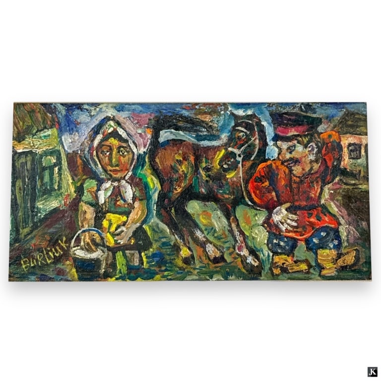 David Burliuk Oil on Canvas "Villagers": David Davidovich Burliuk,New York/Russia (1882 - 1967) Oil on canvas "Villagers", Signed lower left. Carved wood frame. Good condition. Measures 6" x 12", frame measures 13-1/2" x 19-1/2" LA/B13/SH:18