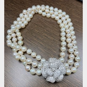 18K White Gold 7.00 Ct. Diamond Pearl Choker Neckl
