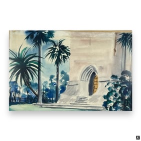 Vintage MCM French School W/C "Palms & Archway"