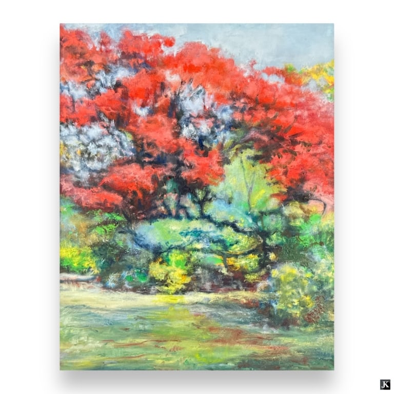 Marlene Puca Contemporary O/C "Japanese Gardens": Marlene Puca, American (20/21st C) Contemporary Oil on Canvas "Japanese Gardens, San Francisco". Unsigned, label verso. Good condition. Measures 20" x 16" Frame measures 22-1/2" x 18-1/2". Keywords: M