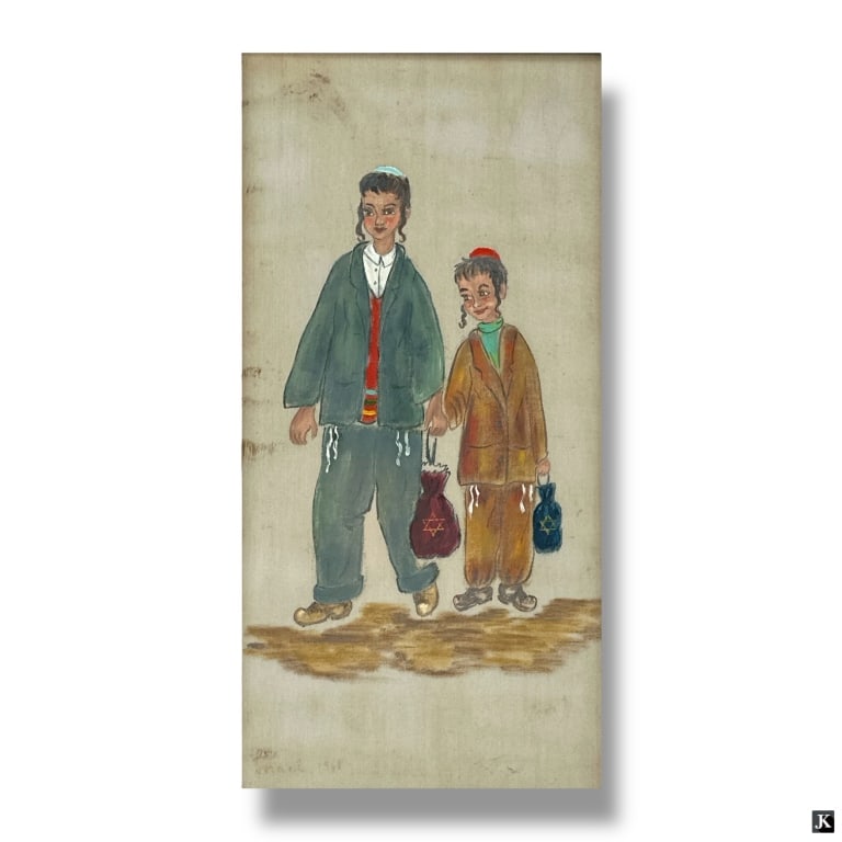 Vintage Judaica Pastel Drawing "2 School Boys": Vintage Judaica Pastel Drawing "2 School Boys". Unsigned. Some soiling, wear. Still generally in good condition Framed under non-glare glass. Measures 21-1/2" x 13" overall including frame. Keywords: