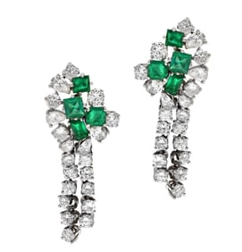 Exquisite 18k White Gold Diamond & Emerald Dangle