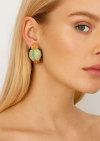 Stunning 18K Yellow Gold Coral, Jade & Onyx Earrin