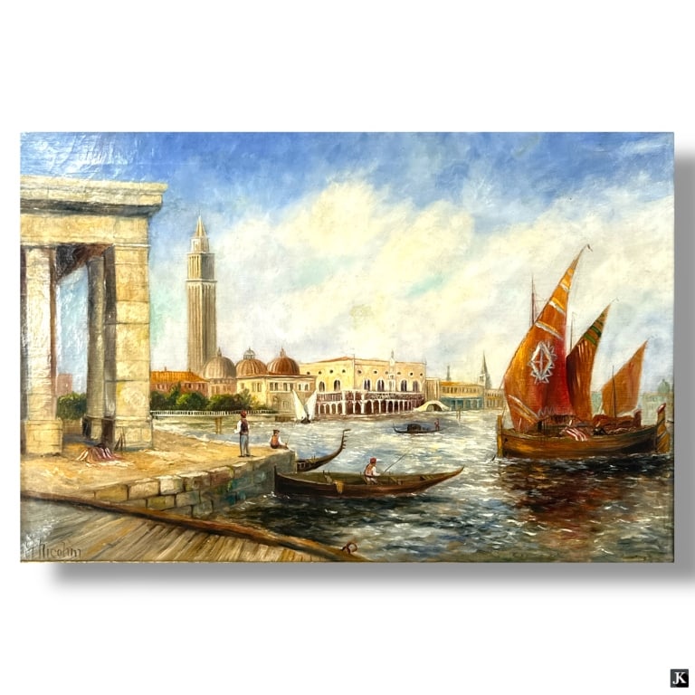 19 C Italian School Oil/Canvas "Venice Harbor" (1 of 6)