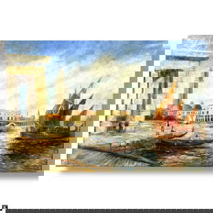 19 C Italian School Oil/Canvas "Venice Harbor": 19 C Italian School Oil on Canvas "Venice Harbor". Signed H. Nicolini lower left. Small repair to center, craquelure, condition consistent with age. Measures 20" x 30" Frame measures 25" x 35" Keyword