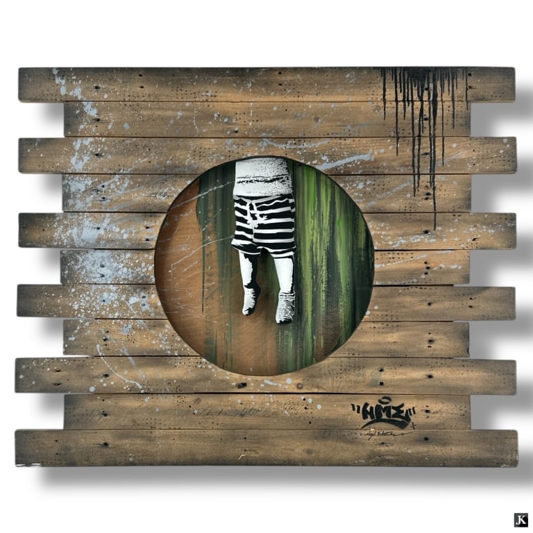 NME Street Art Mixed Media "Hidden Boy": NME, UK (21st C) Street Art - Mixed Media and stencil on wood "Hidden Boy". Signed lower right. Good condition. Measures 31-1/2" x 39". Keywords: urban wall panel, UK graffiti art, contemporary stenci