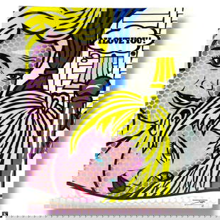 JOZZA Pop Art Mixed Media/Canvas "I Love You": JOZZA, Brazilian (20/21st C) Mixed media on Canvas "I Love You". Signed lower right. Very good condition. Measures 45" x 36-1/4". Keywords: Brazilian pop artist, contemporary mixed media, vibrant mode