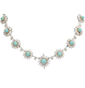 15.65Ct Turquoise & 29.2Ct White Diamond Flower Cl