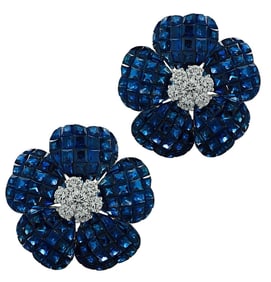 37.85Ct Sapphire & 1.10Ct Diamond Floral Earrings