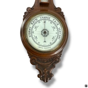 Vintage Carved Wood Thermometer Barometer