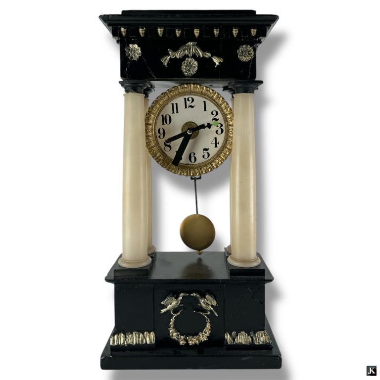 Antique Onyx Portico Clock: Antique Onyx Portico ClockElegant antique portico-style mantel clock featuring an onyx case with a paper dial. Unmarked. Key not included. Not currently running. “AS IS” condition with restora