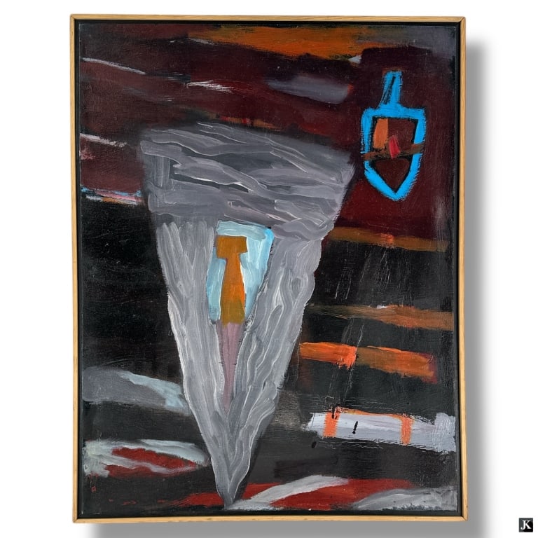 Sam Perry Acrylic/Canvas "Studio Series II #4": Sam Perry (American, born 1963). An original acrylic painting on canvas. Titled, "Studio Series II #4." Urban outsider folk art depicting geometric shapes. Artist signature and dated 1986 to verso. Pr