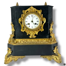 19th C Napoleon III Marble and Bronze Clock