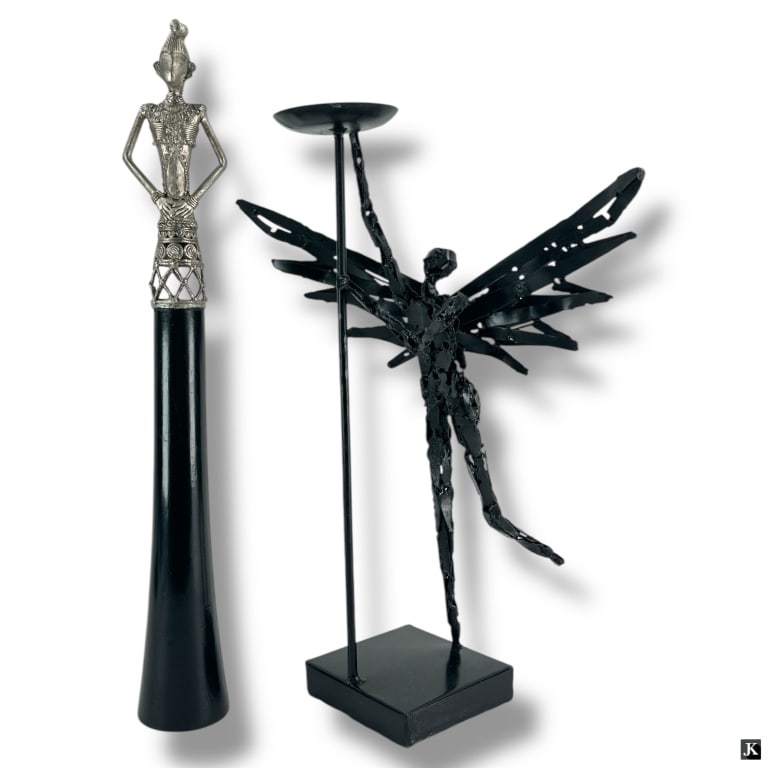 2 Figural Decorative Tabletop Accents: Chinese Cloisonné & Gilt Jardinière A Chinese cloisonné and gilt jardinière with figural ring handles. Unmarked. Condition is good overall with a dent to the bottom rim. Measurements: 11-3/4" H Ke