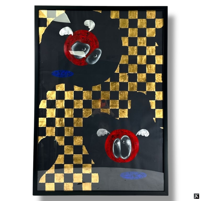 Alena Vavilina Mixed Media "Life is a Game 2": Alena Vavilina (Russia, b. 1986). "Life is a Game 2" - Mixed Media: gold leaf, silver leaf, acrylic paint, and chalk on paper, 2021. Signed "AV" on one of the creature's fins at lower right. Good cond