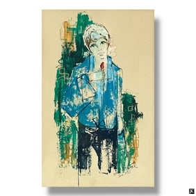 Robert Delval Gouache "Girl in Blue Jacket" 1965