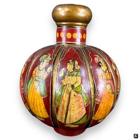 Vintage Indian Hand Painted White Metal Gourd Vase