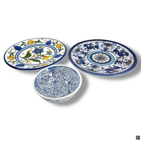 2 Majolica Plates, Turkish Blue & White Bowl