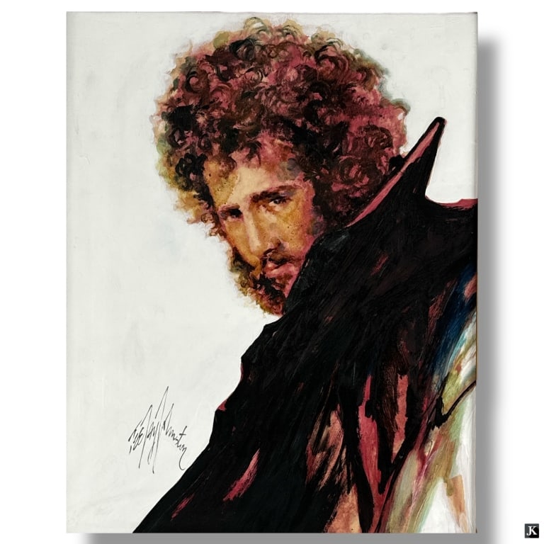 Tee Jay Johnston Oil on Cardboard "Man with Cape": Tee Jay Johnston (20th C) Oil on Cardboard "Man with Cape", resembles Bob Dylan. Signed lower left. Good condition. Measures 20" x 16", frame measures 27" x 23". Keywords: figurative oil painting, Bob