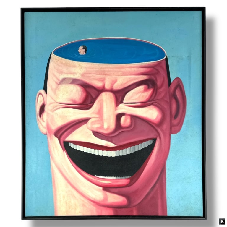 Style of Yue Minjun Oil on Canvas "Grinning Man": Style of Yue Minjun, Chinese (B.1962) Whimsical Oil on canvas "Grinning Man". Signed Zhu Yi, 2011 verso. Some soiling and dent in canvas from storage or in generally good condition. Measures 29" x 25"