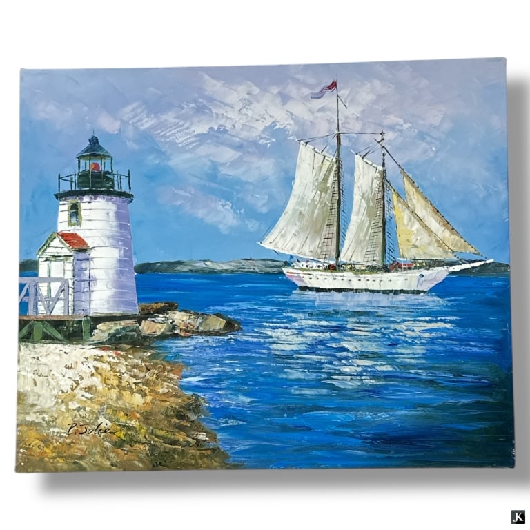 Decorative Oil on Canvas "Outbound Sails": Decorative Oil on Canvas "Outbound Sails". Signed. P. Jolie lower left. Unframed, good condition. Measures 20" x 24". Keywords: P. Jolie, Outbound Sails, oil on canvas, signed painting, nautical artwo